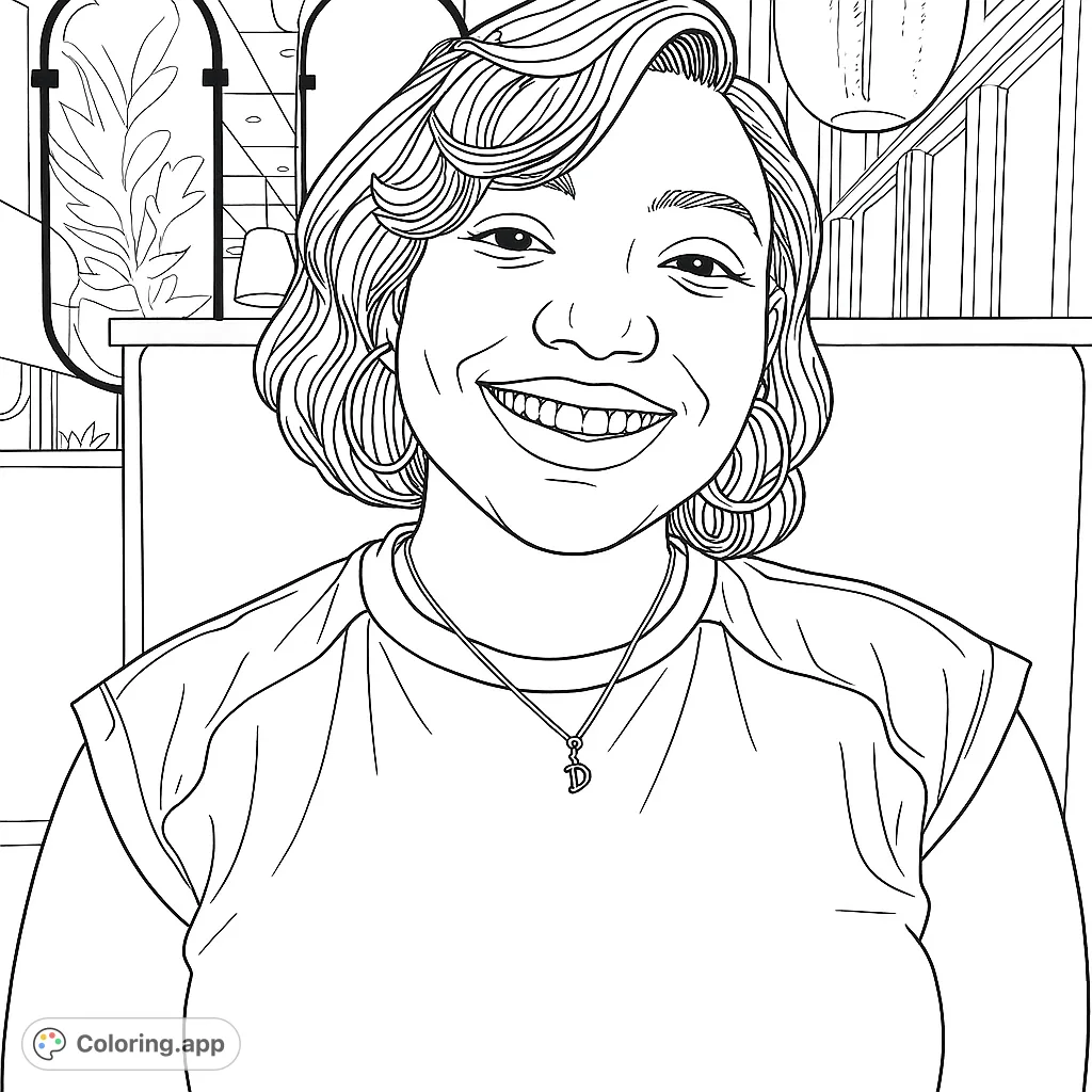 A joyful woman with curly hair and a bright smile, wearing a necklace, set against a modern indoor background. Perfect for a relaxing coloring experience.