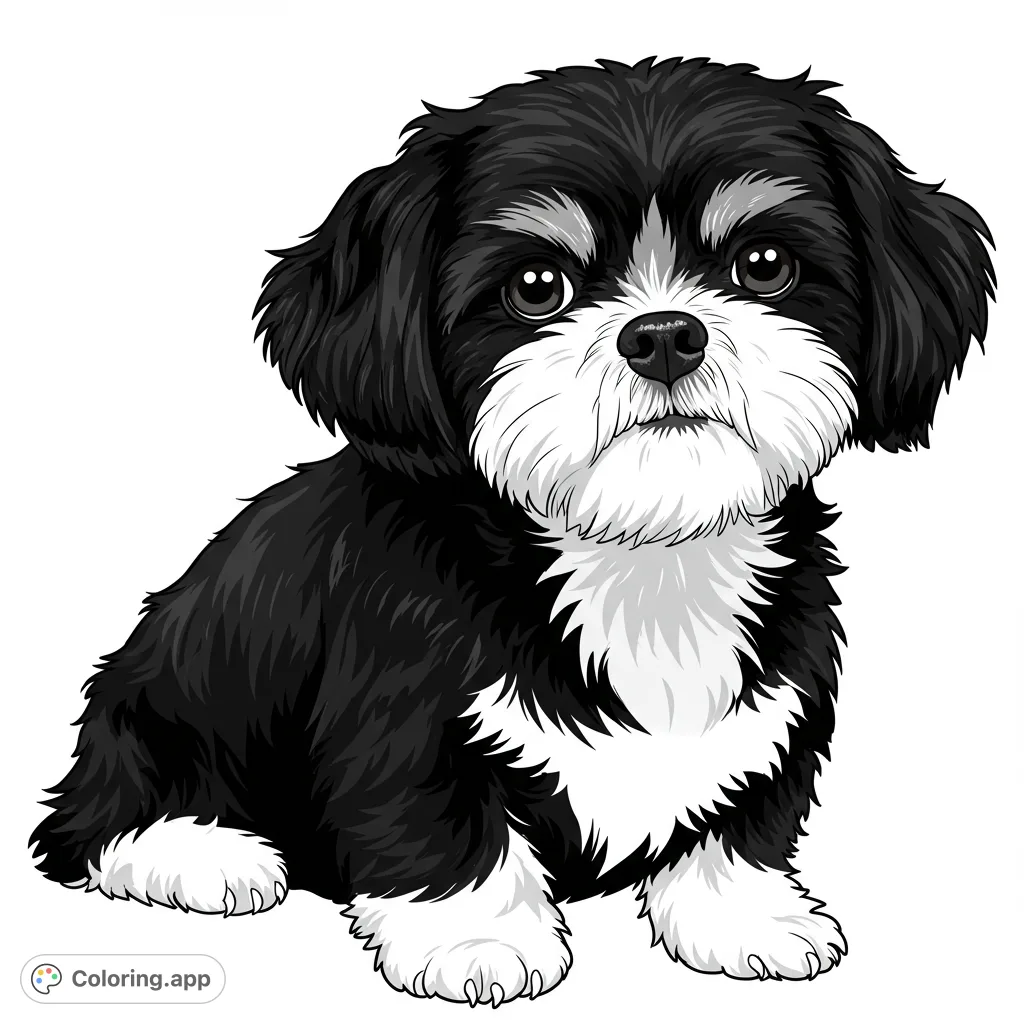 An adorable fluffy Shih Tzu puppy, perfect for a relaxing coloring session. A free printable puppy coloring page for all ages.