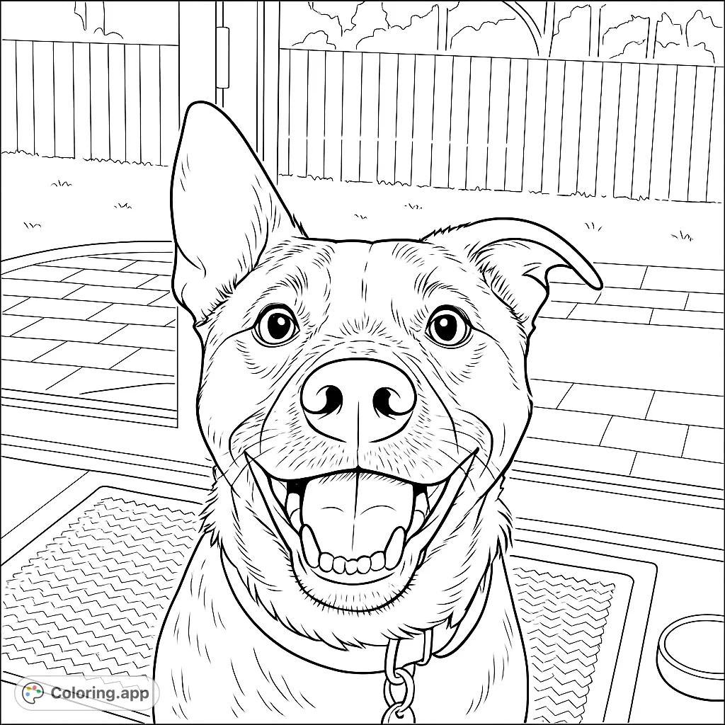 A joyful dog with a wide smile and perky ears, ready for a fun coloring adventure in a backyard setting. Free printable dog coloring page.