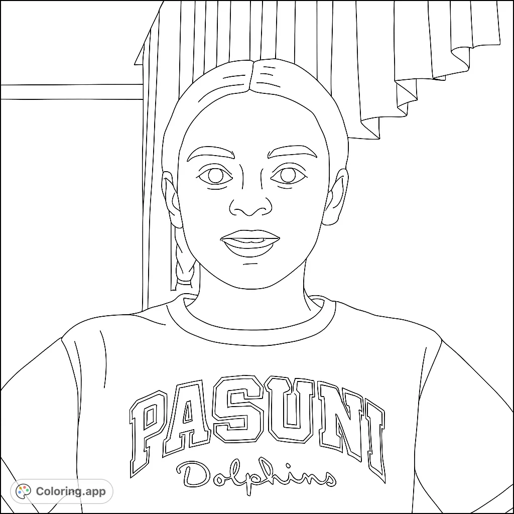 A confident young girl portrait coloring page, perfect for kids and adults. Features a smiling girl in a t-shirt, ready for creative coloring fun.