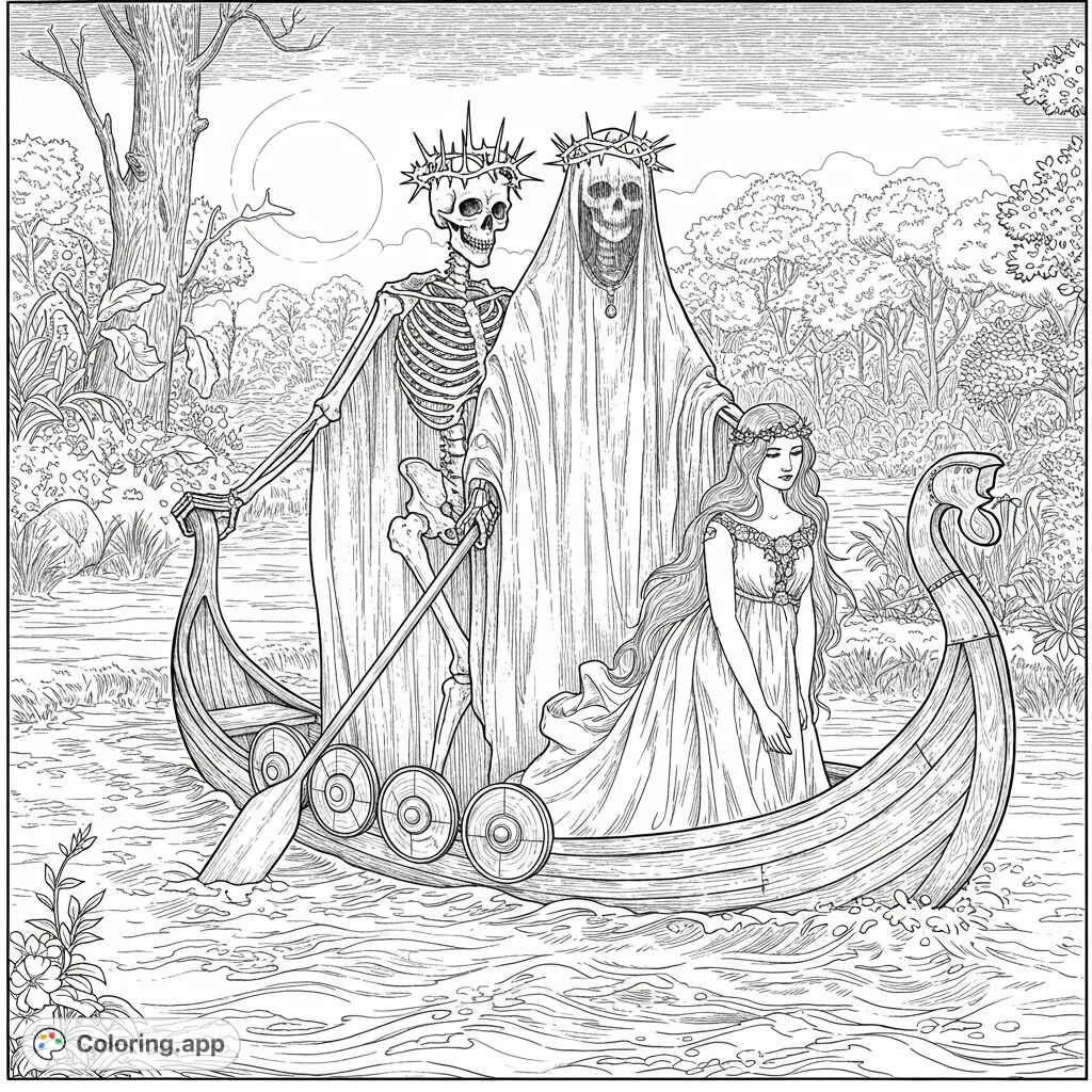 A gothic fantasy scene featuring two skeletal figures and a maiden in a boat on a river, surrounded by lush, detailed foliage under a full moon.