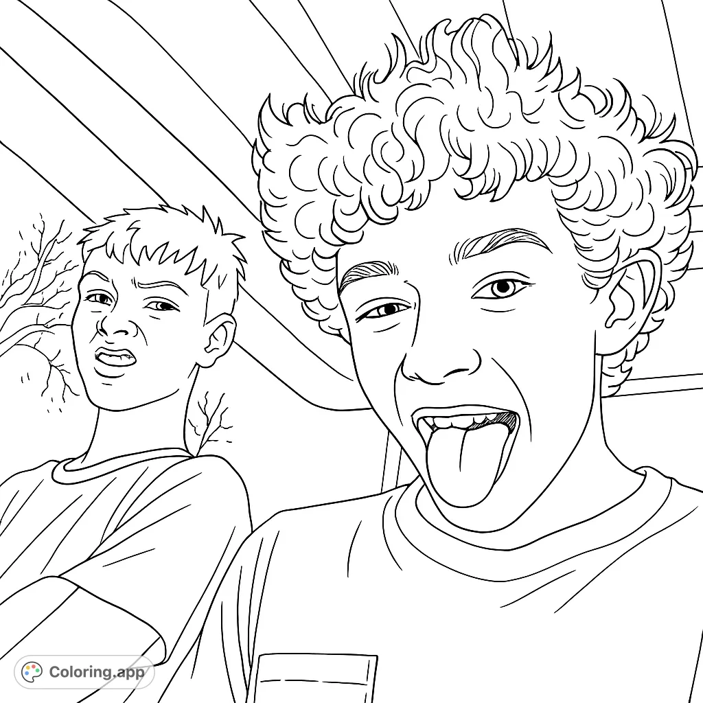 Two boys making funny faces, one winking with tongue out, the other grimacing. A playful and expressive scene for creative coloring fun.