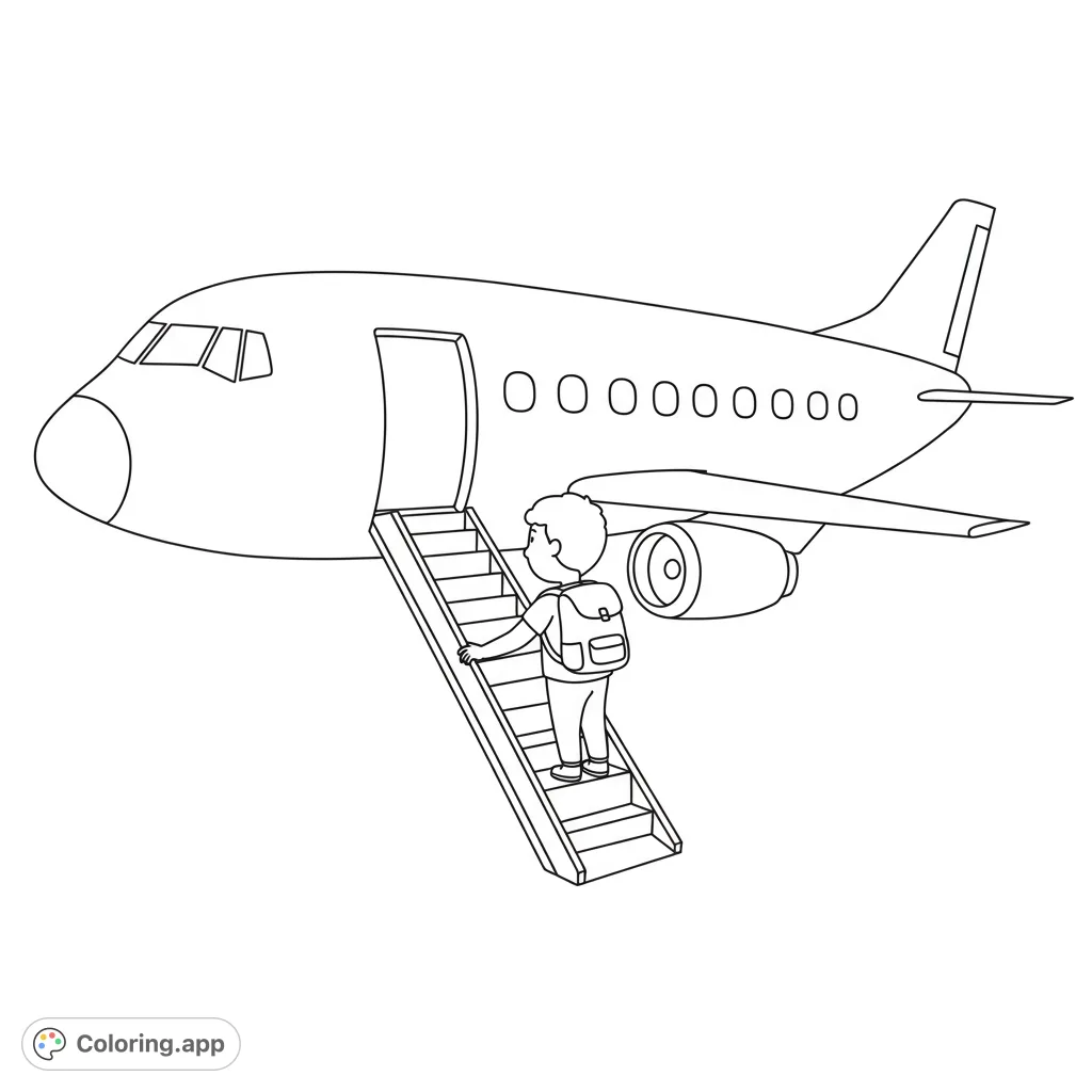An exciting airplane coloring page featuring a child with a backpack climbing stairs to board a passenger jet, ready for a grand adventure.