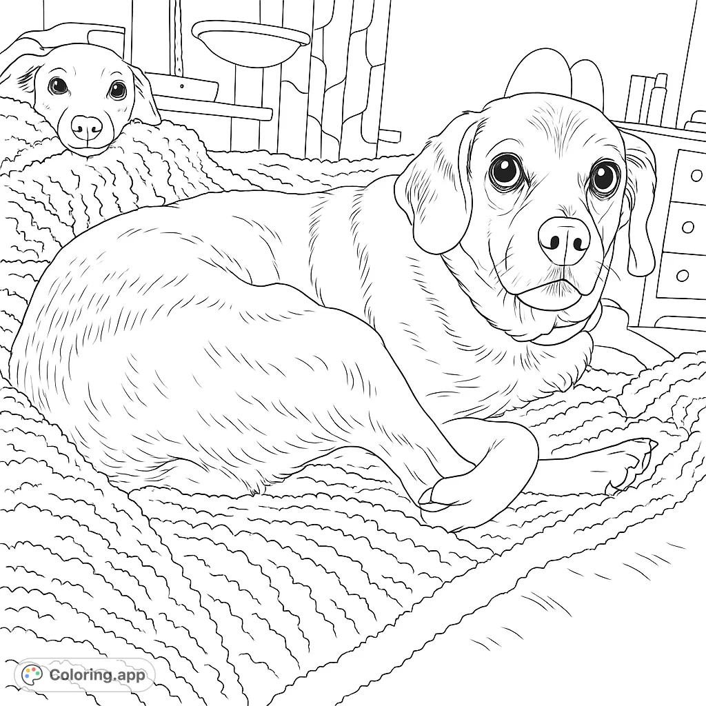 Two adorable dogs relax on a cozy blanket in this charming dog coloring page. A free printable coloring page for kids and adults to enjoy.