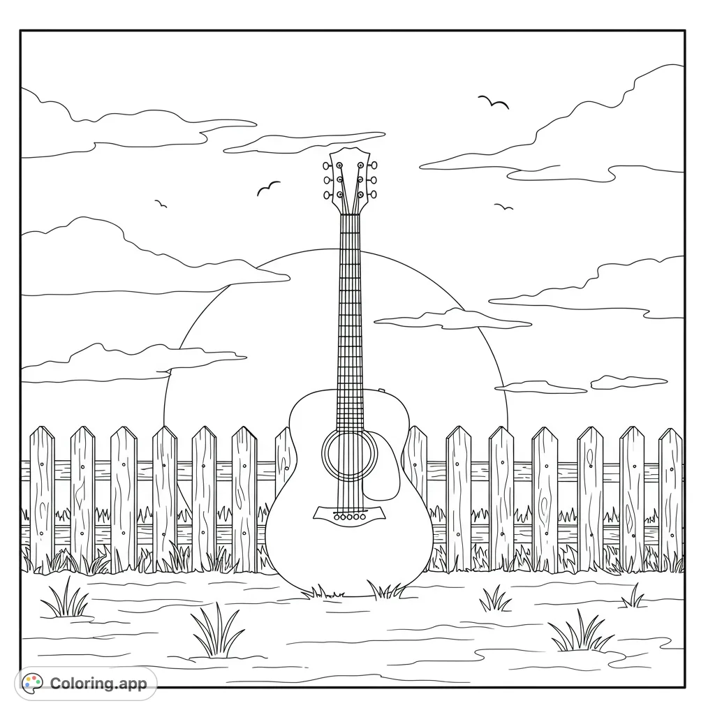 A free printable acoustic guitar coloring page set against a rustic fence and sunset. Perfect for music lovers and relaxing coloring sessions.