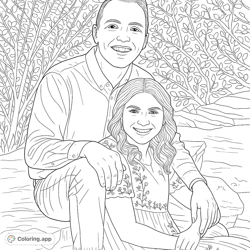 A heartwarming family portrait coloring page featuring a smiling father and daughter outdoors, perfect for celebrating family bonds.