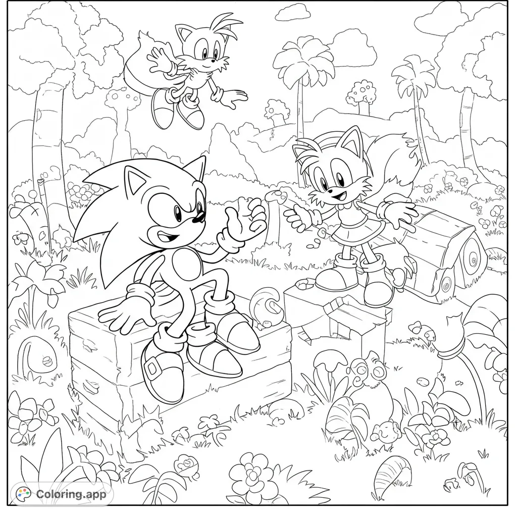 Join Sonic and Tails in a vibrant jungle adventure! This free printable Sonic coloring page features favorite characters amidst lush scenery, perfect for fans.