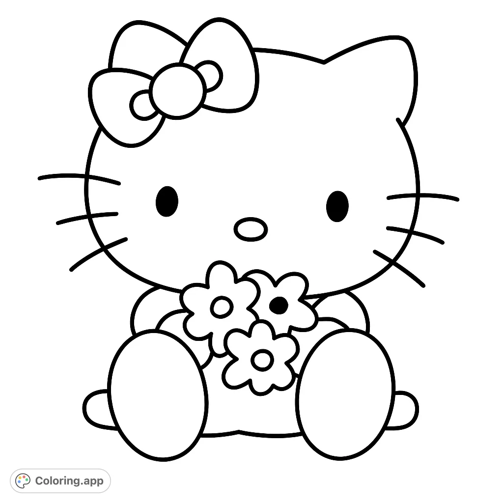A charming Hello Kitty coloring page featuring the beloved character sitting and holding a bouquet of flowers, perfect for fans of all ages.
