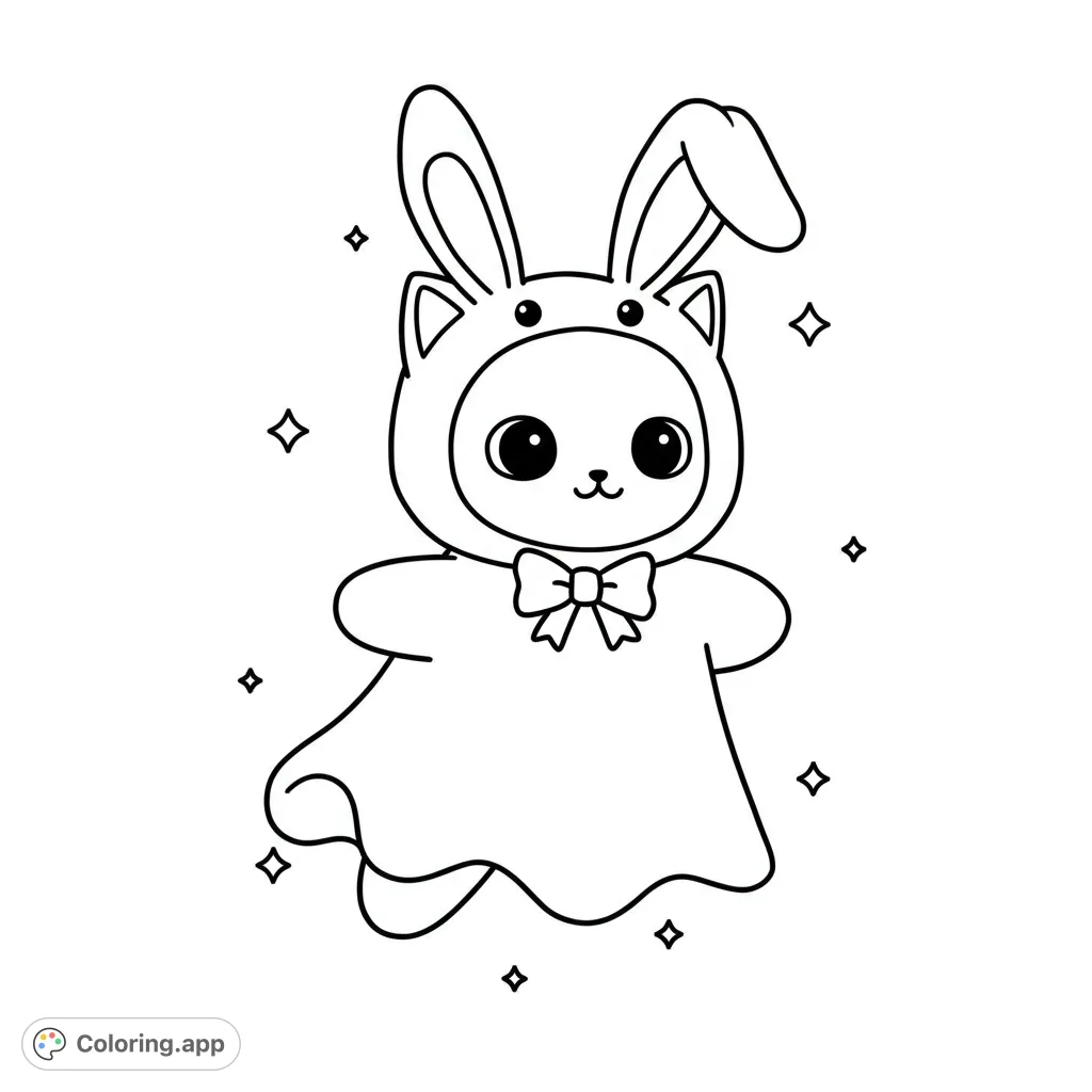 An adorable cat in a bunny costume with a bow tie, surrounded by sparkling stars. A charming free printable coloring page for kids and adults.