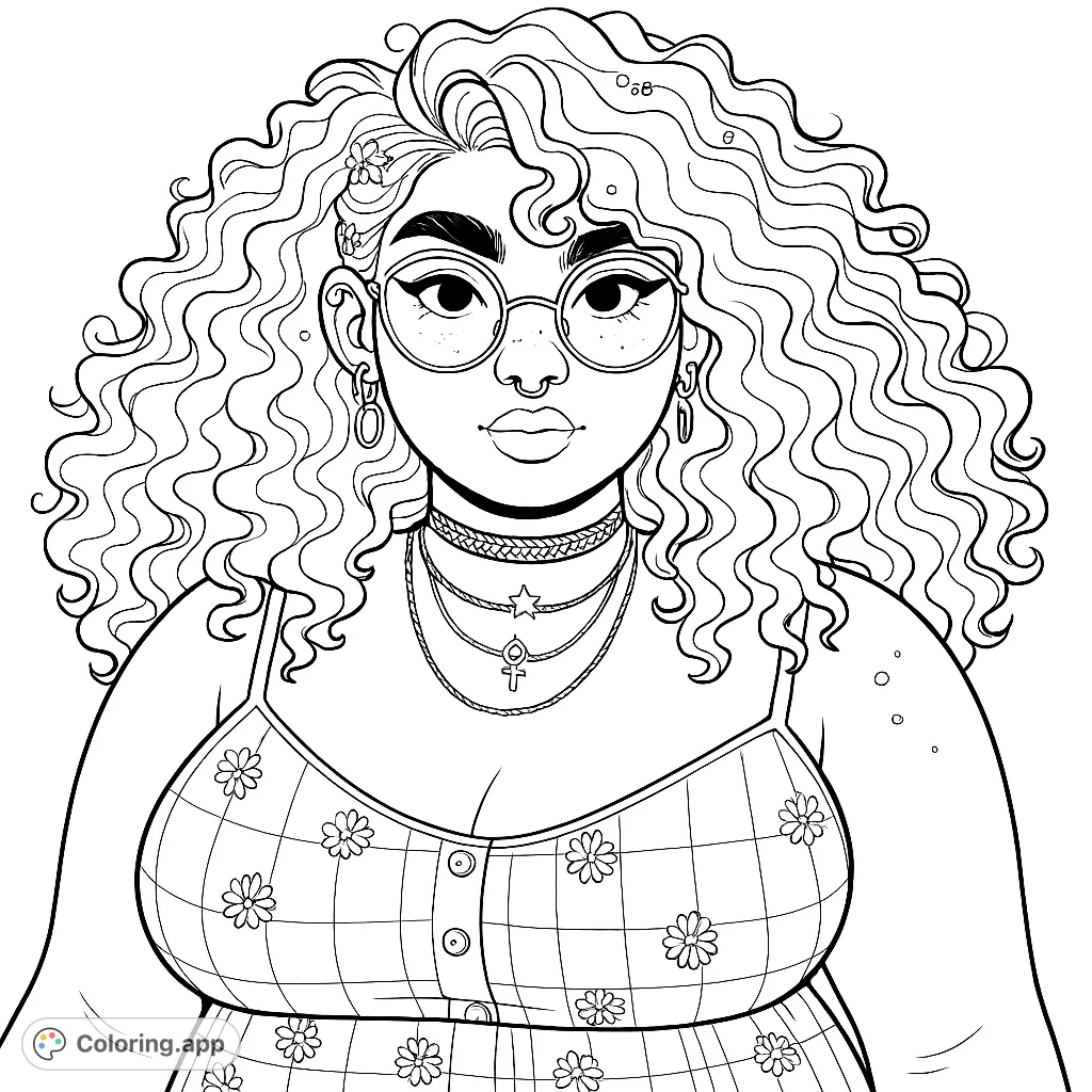 A stylish person with voluminous curly hair, round glasses, and a charming floral plaid dress, ready for vibrant coloring.