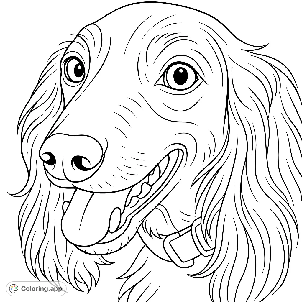 A delightful long-haired dog coloring page, featuring a happy, panting pup with expressive eyes and flowing fur. A free printable coloring page for all ages.