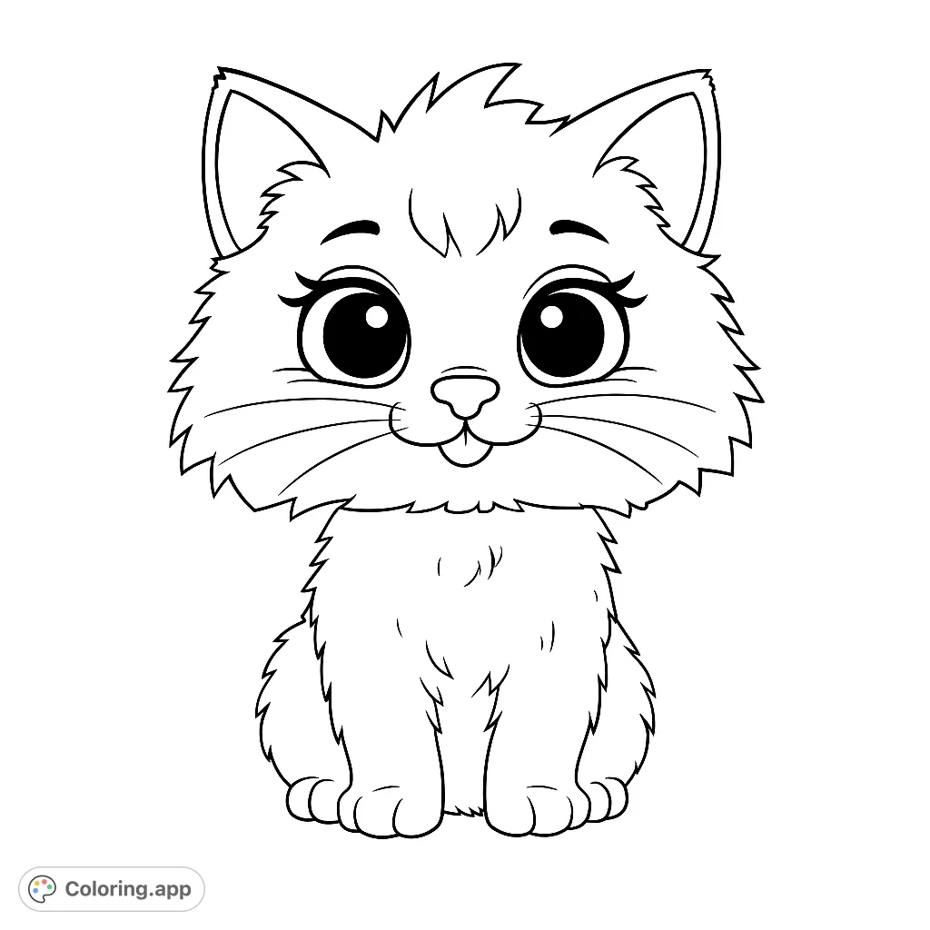 An adorable fluffy kitten with big, expressive eyes and a tiny tongue peeking out, perfect for a charming free printable kitten coloring page.