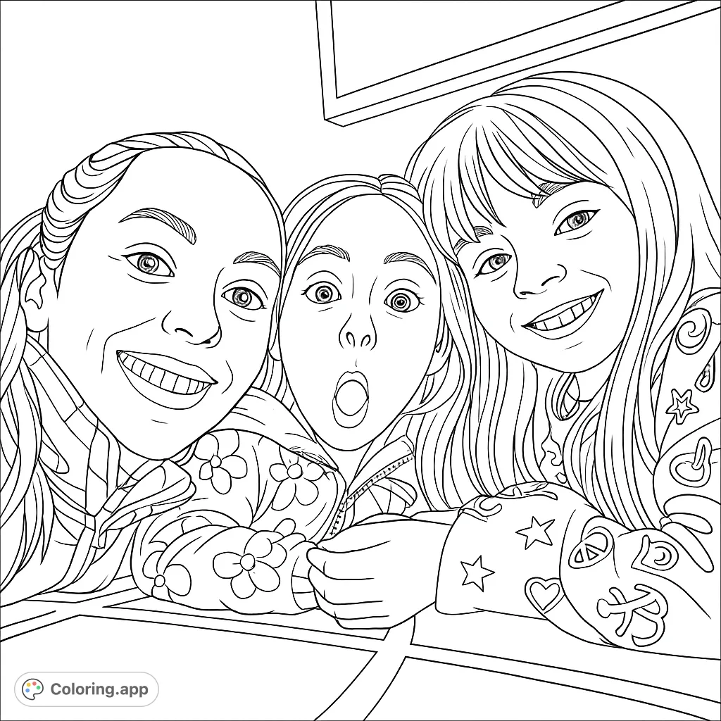 A vibrant group selfie featuring three expressive girls, perfect for a fun and engaging free printable coloring page experience.