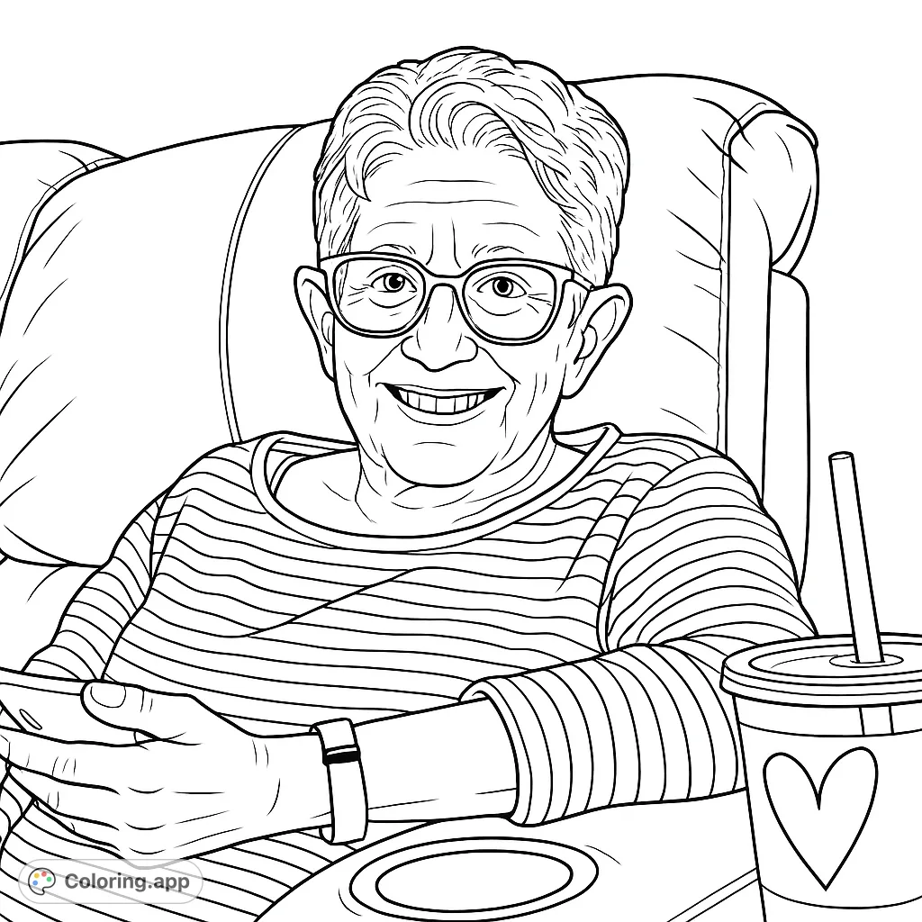 A cheerful older woman in glasses and a striped shirt, relaxing in a comfy chair with a phone and drink. Perfect for a relaxing coloring session.