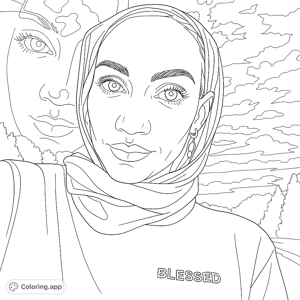 A beautiful hijabi woman's portrait, featuring detailed eyes, flowing hijab, and a shirt with 'BLESSED'. Perfect for mindful coloring. Free printable.