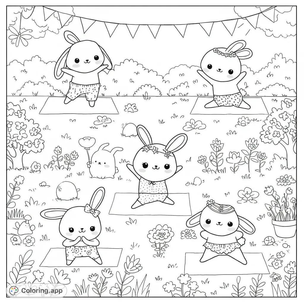 Adorable bunnies practice yoga in a vibrant garden, surrounded by flowers and cheerful bunting. A delightful scene for all ages.