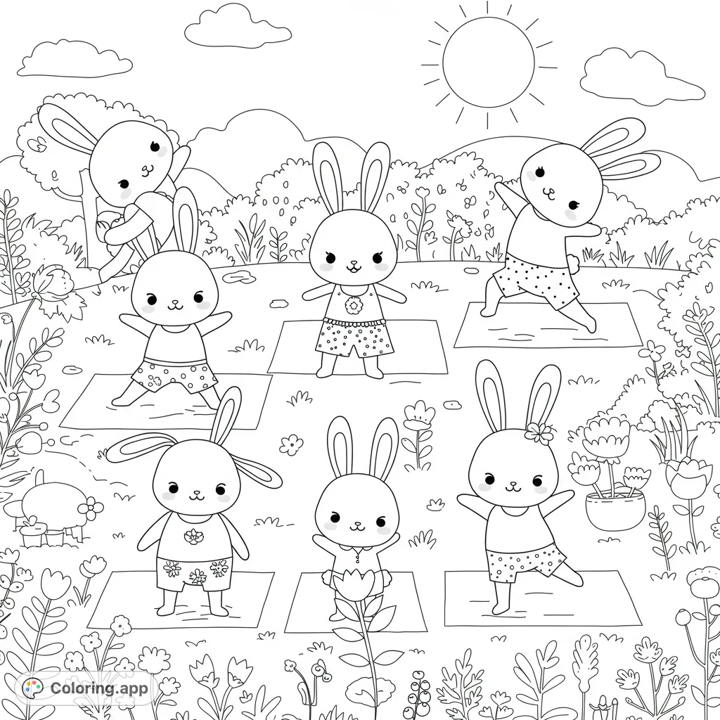 Adorable bunnies practice yoga outdoors on mats amidst flowers and sunshine. A delightful, free printable yoga bunny coloring page for kids and adults.