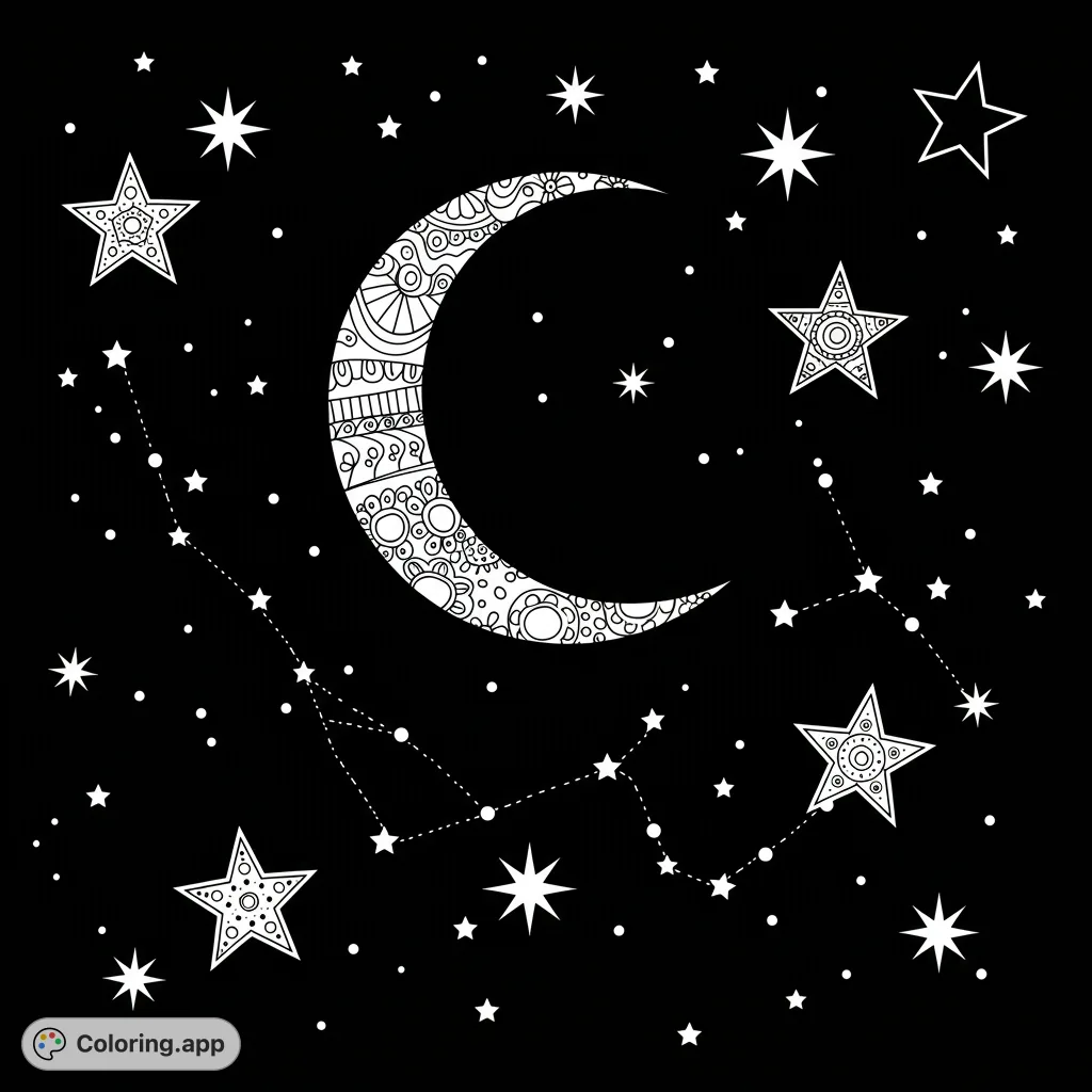 Explore a mystical night sky celestial coloring page featuring an intricately patterned crescent moon, detailed stars, and subtle constellations for mindful coloring.