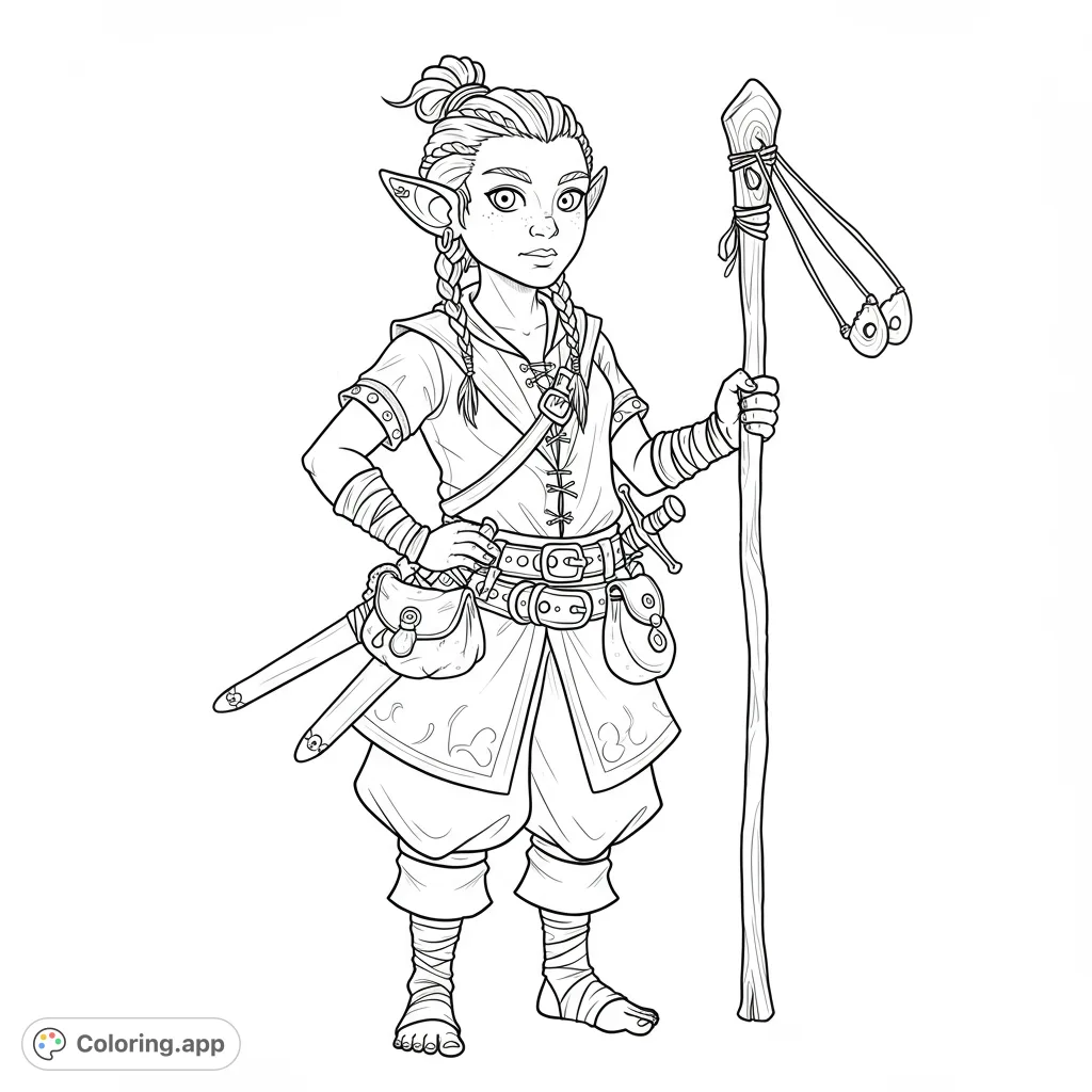 An adventurous elf scout stands ready with staff and pouches. Intricate details on her outfit and accessories offer a fun fantasy coloring challenge.