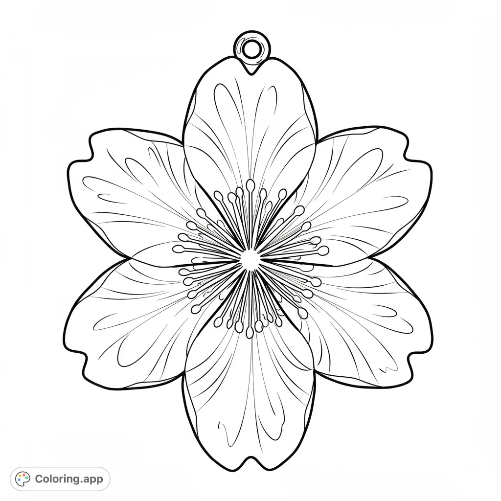 A beautiful six-petal flower pendant coloring page, featuring intricate central details and a delicate loop for a charm. Perfect for nature lovers.