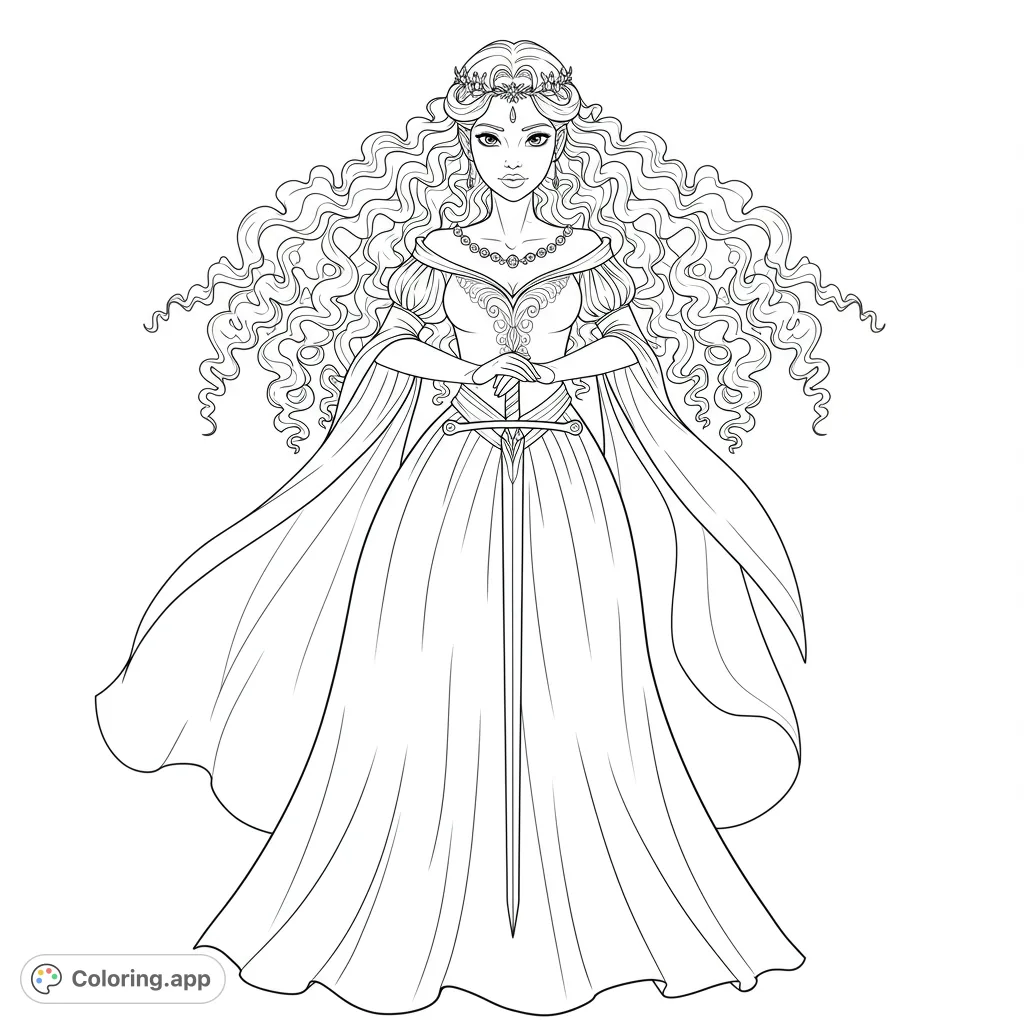 An elegant fantasy queen with flowing curly hair and a sword, ready for adventure. A free printable fantasy queen coloring page for all ages.
