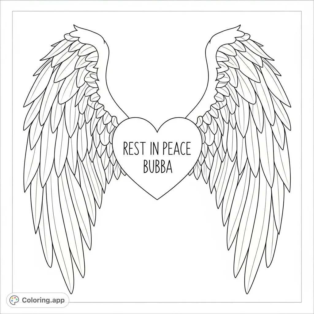 A heartfelt memorial coloring page featuring majestic angel wings embracing a central heart with "REST IN PEACE BUBBA" inscribed, perfect for remembrance.