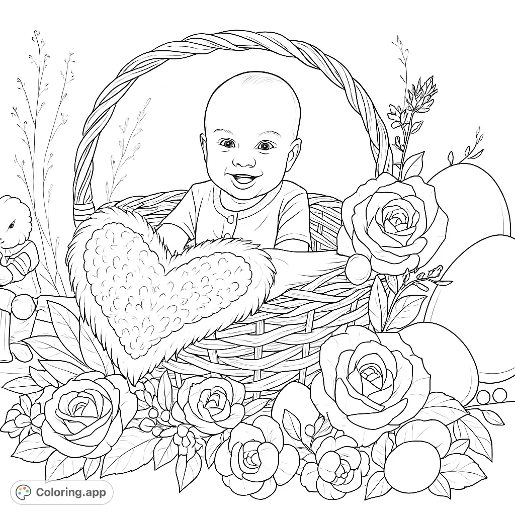 A delightful baby smiles from a woven basket, surrounded by roses, decorative eggs, and a charming bunny. Perfect for spring and celebration.