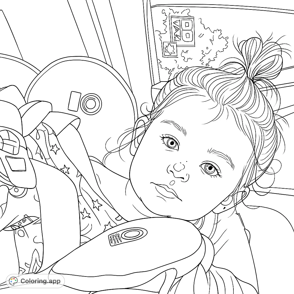 A sweet child in a car seat, ready for an adventure. This charming coloring page features a young face with a playful butterfly detail, perfect for little artists.