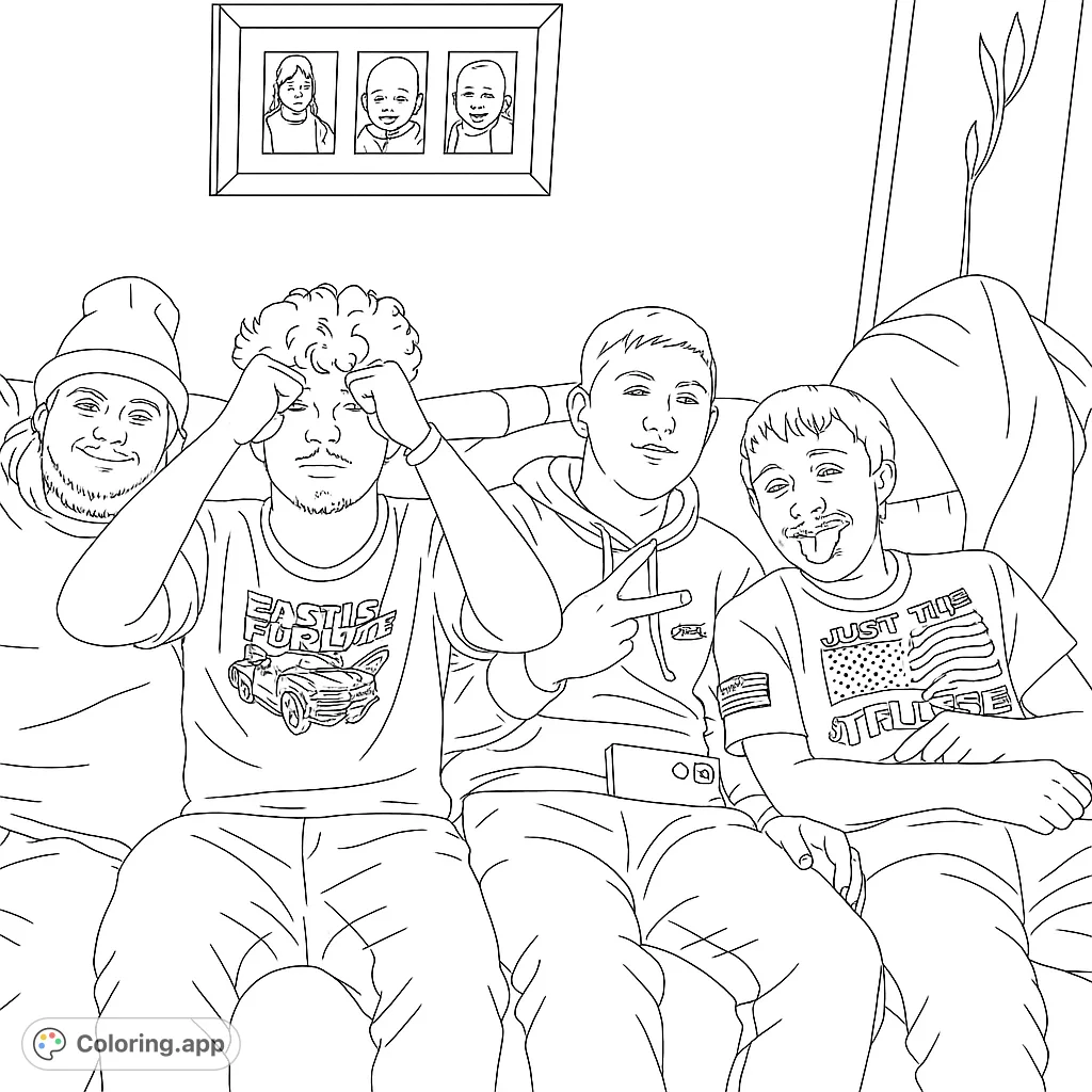 A lively black and white line drawing of four friends casually seated on a couch, perfect for a fun coloring session.