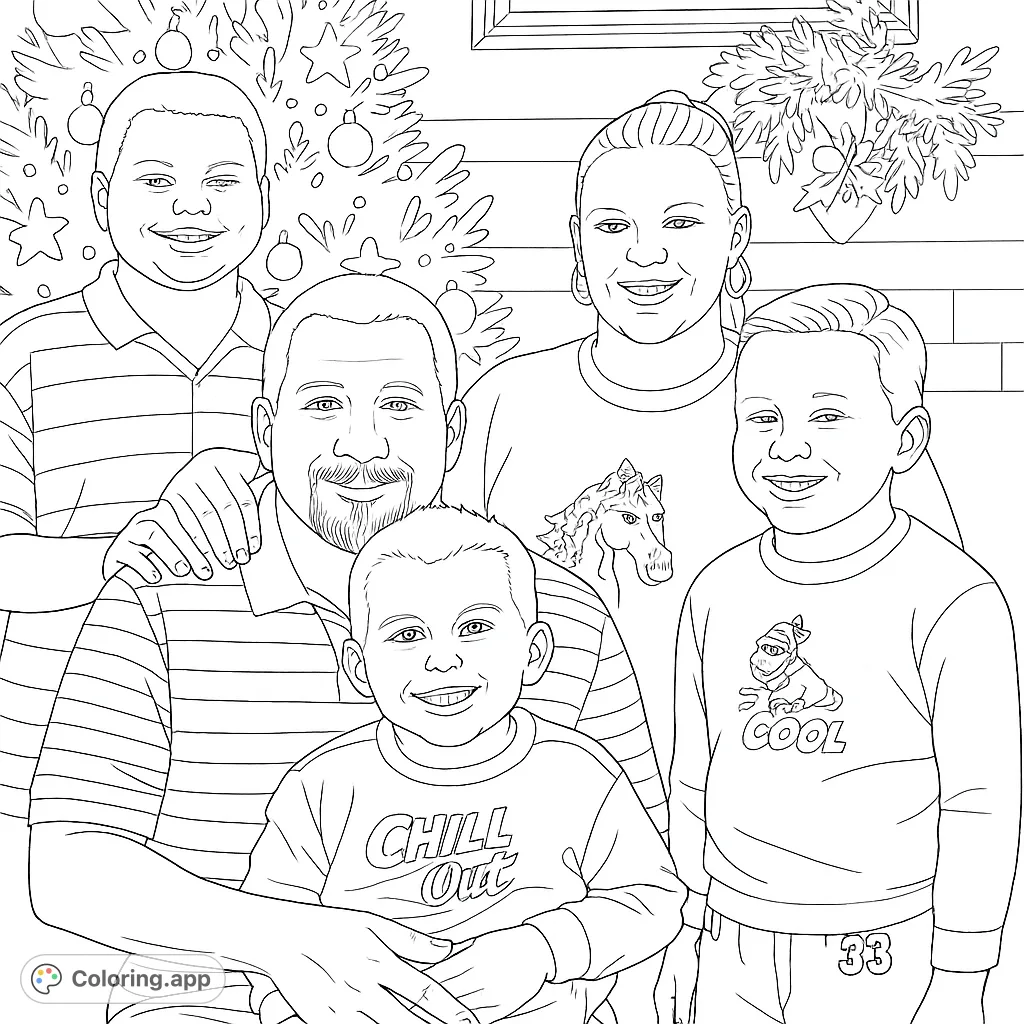 A heartwarming family holiday portrait featuring five smiling members, a festive Christmas tree, and decorative garland, perfect for a free printable coloring page.