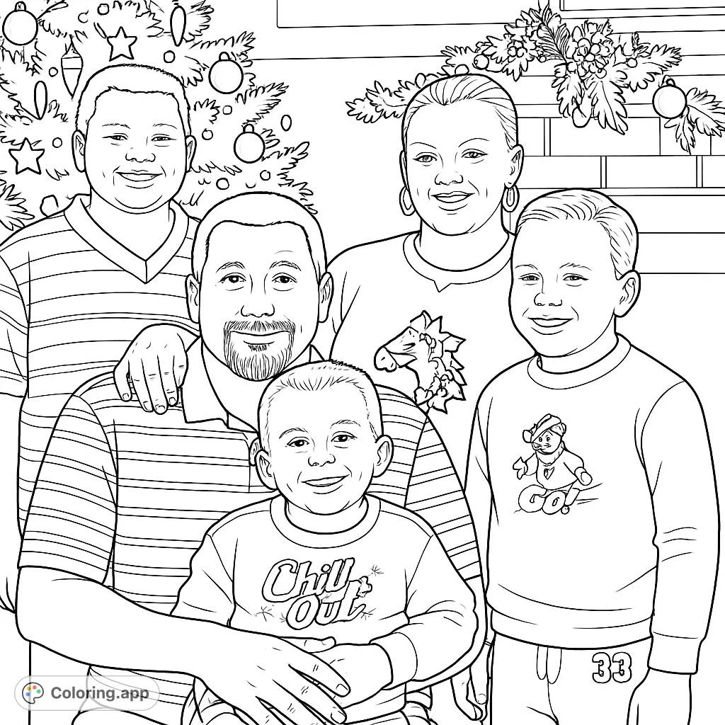 A heartwarming family portrait featuring five smiling members amidst festive holiday decorations, perfect for a joyful coloring experience.