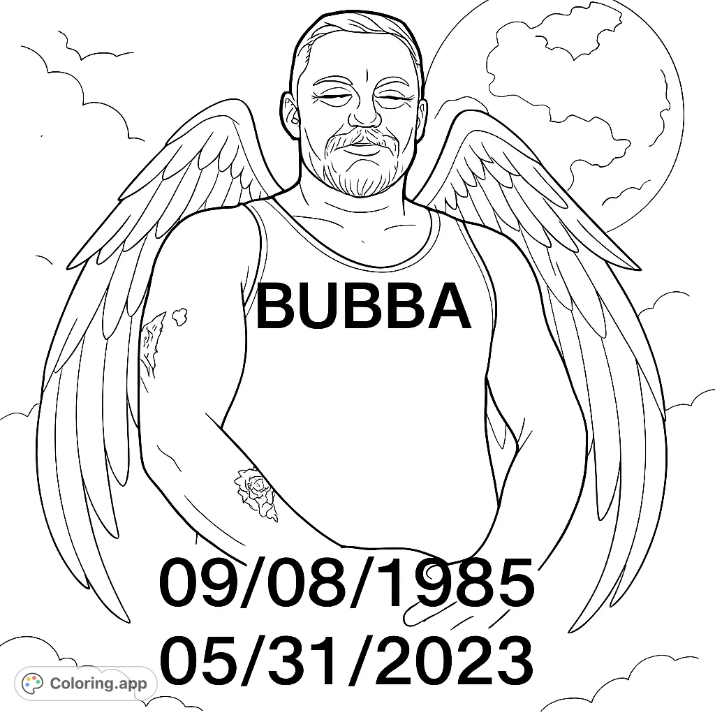 A serene winged figure with closed eyes, wearing a tank top, set against a moonlit sky with clouds. Features detailed feathers and tattoos.