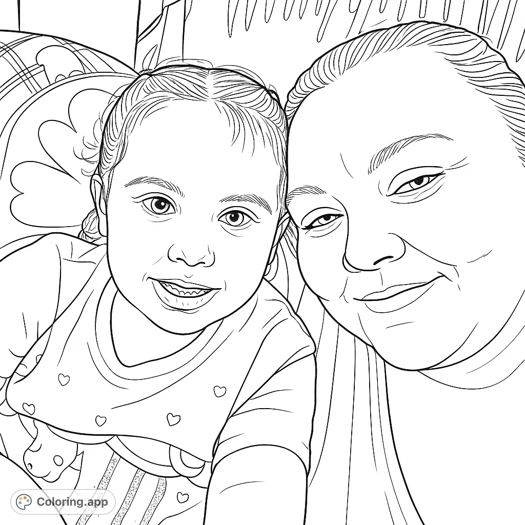Heartwarming portrait of a smiling child and adult, perfect for a free printable family coloring page. Features clear lines for easy coloring.
