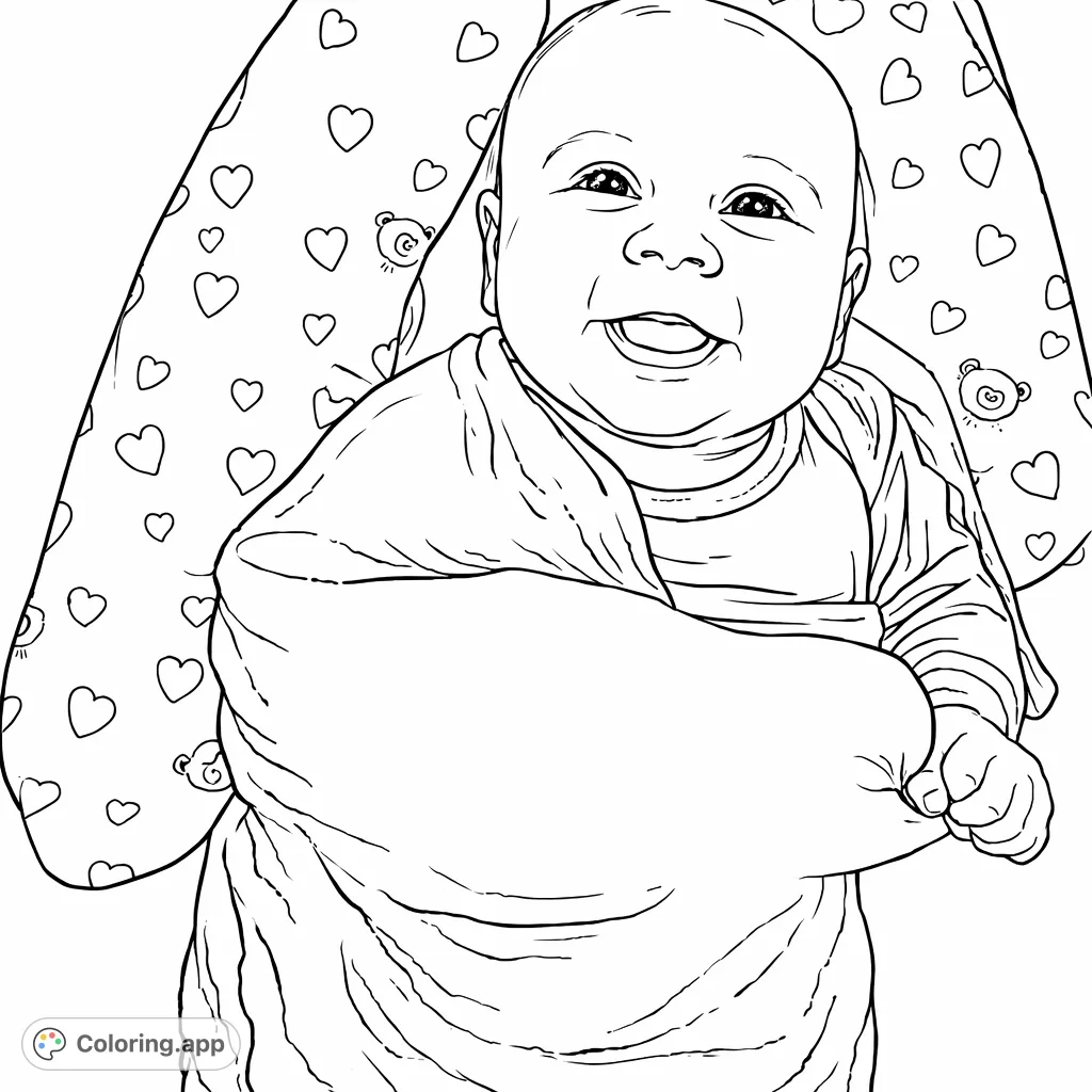 A heartwarming baby portrait featuring a smiling infant swaddled in soft fabric, surrounded by a playful heart-patterned pillow. Perfect for new parents.