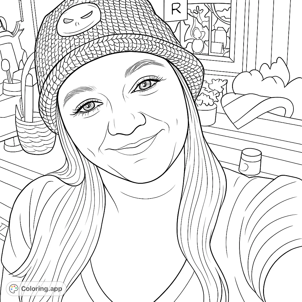 A cheerful woman in a textured bucket hat smiles in a cozy indoor selfie scene, perfect for a relaxing coloring experience.