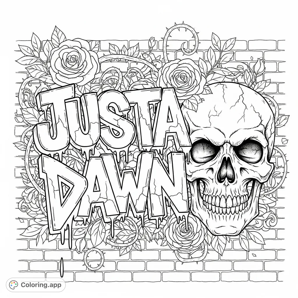 Unleash your creativity on a dynamic graffiti wall coloring page featuring bold "Justa Dawn" text, a detailed skull, and intricate floral patterns.