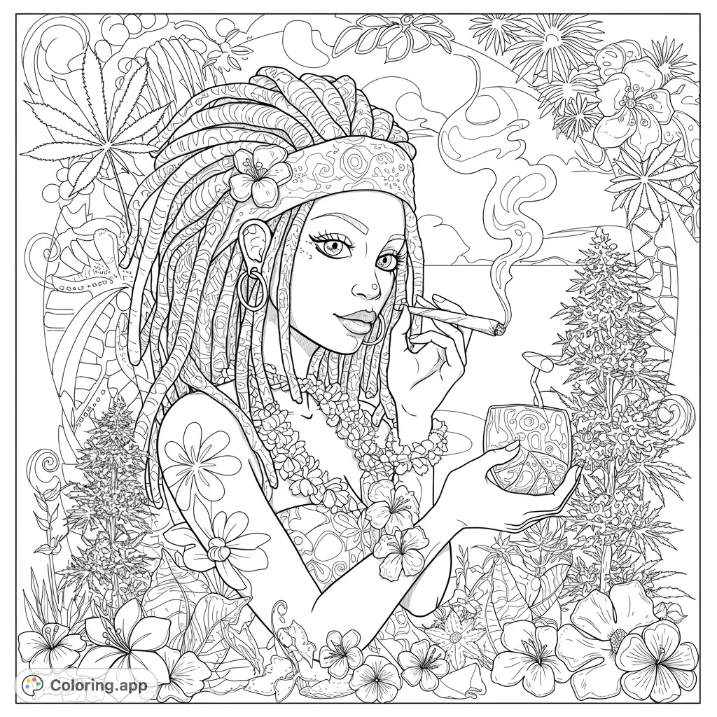 A serene woman with dreadlocks amidst lush cannabis and tropical flowers, enjoying a moment of relaxation. Perfect for detailed coloring.