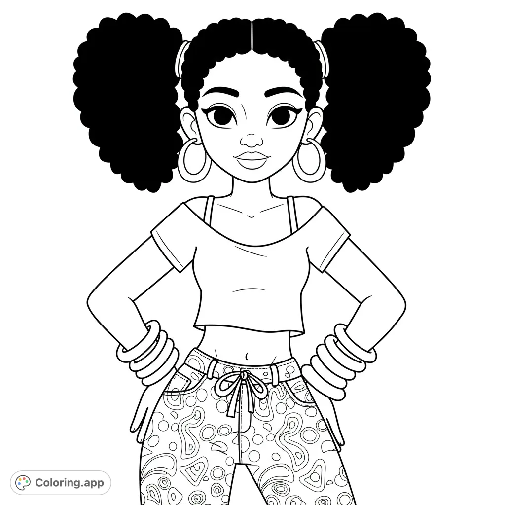A confident young girl with stylish afro pigtails, a crop top, and patterned pants, ready for vibrant coloring. A free printable coloring page.