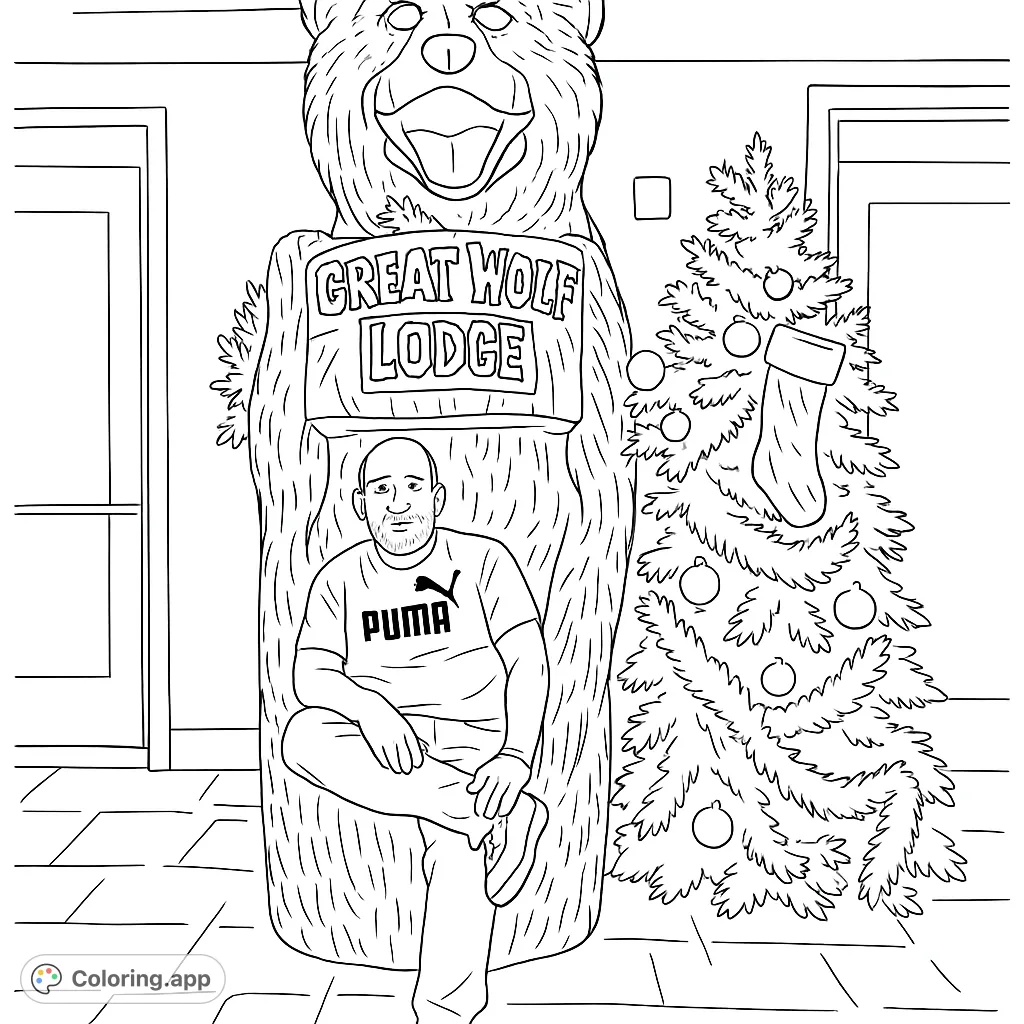 A festive lodge scene featuring a man sitting in a giant bear statue next to a decorated Christmas tree. Perfect for holiday and travel enthusiasts.