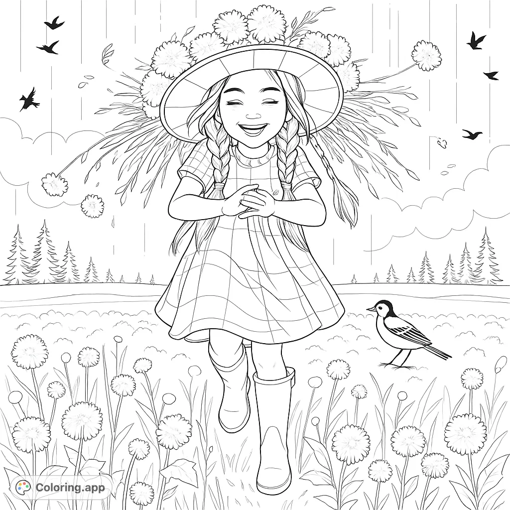 A cheerful girl in a flower-adorned hat runs through a dandelion field in the rain, with a bird nearby. A delightful nature-themed coloring page.