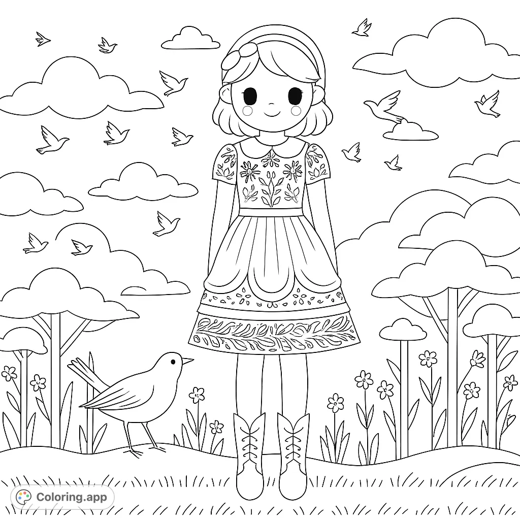 A charming girl in a floral dress stands in a field with birds and flowers. A delightful nature scene free printable coloring page for creative fun.
