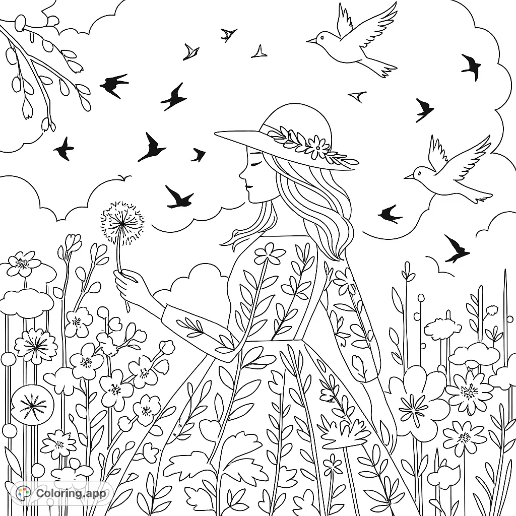 A serene spring garden coloring page featuring a woman in a floral dress holding a dandelion, surrounded by blooming flowers and flying birds.