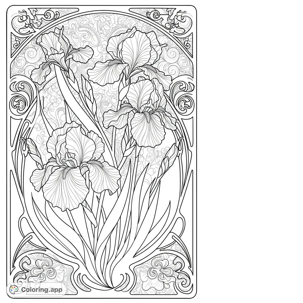 An elegant Art Nouveau iris coloring page featuring three detailed blooms within an ornate decorative frame. Perfect for floral art lovers.