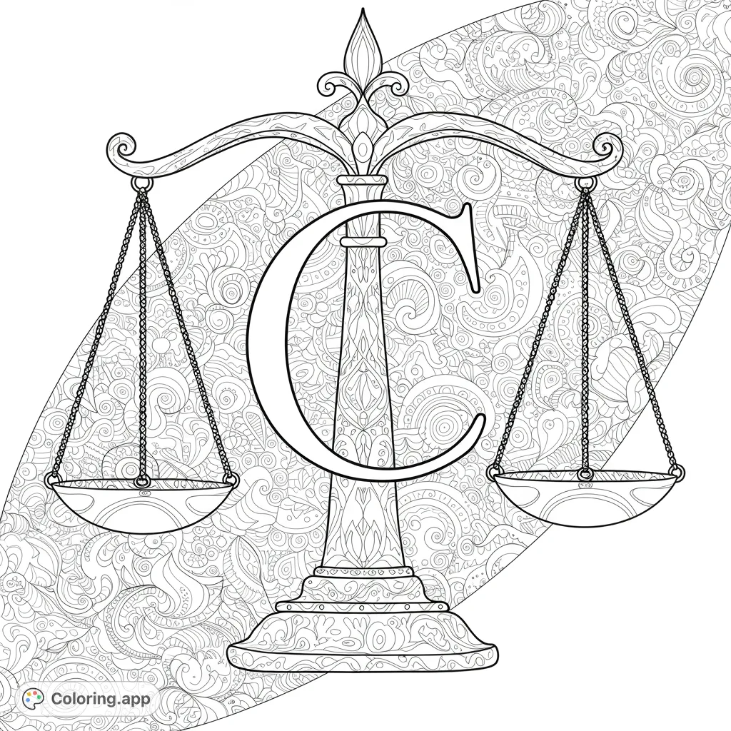 Intricate balance scale with a decorative letter 'C' and a swirling patterned background. A detailed free printable coloring page for adults and kids.
