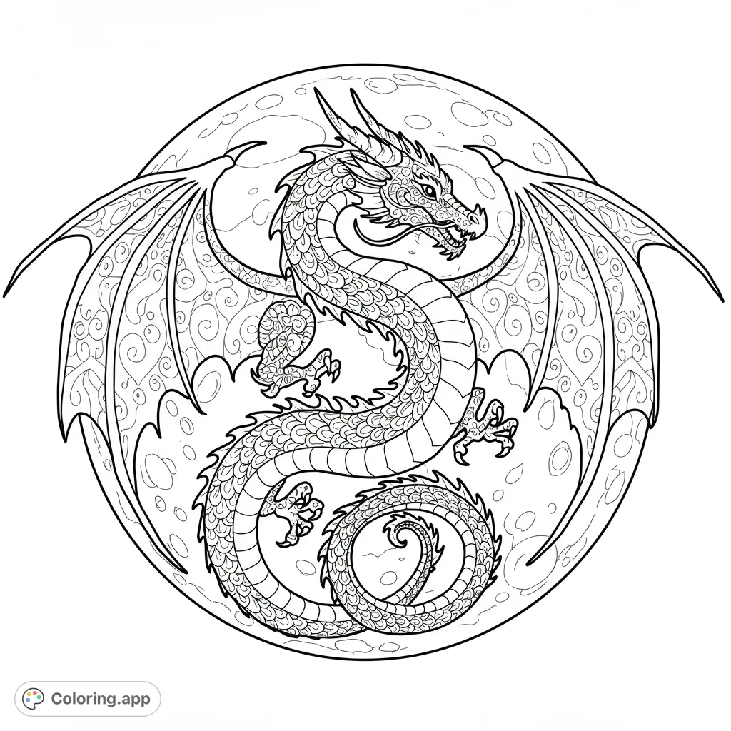 An intricate dragon with patterned wings coiled against a full moon. A detailed fantasy coloring page for adults and teens.