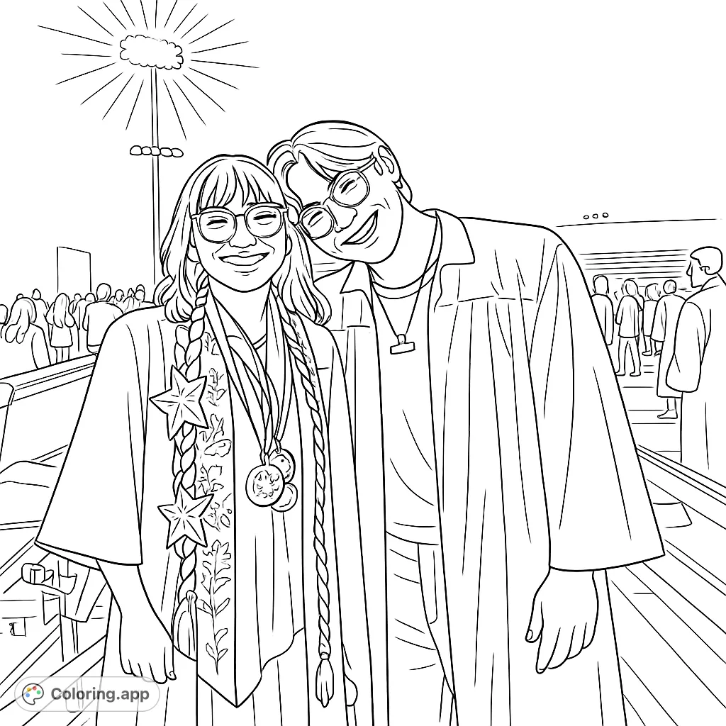 Two joyful graduates in caps and gowns celebrate their achievement. A heartwarming graduation coloring page for all ages.