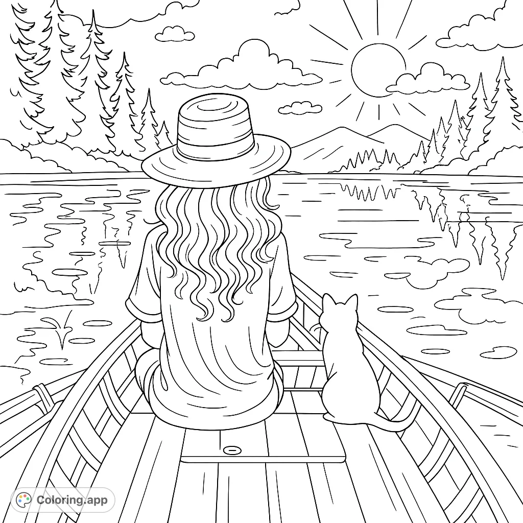 A peaceful lake scene featuring a person and their cat in a boat, enjoying a serene view of mountains, pine trees, and a sunny sky. Perfect for relaxation.