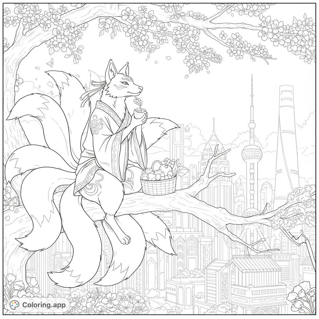 A majestic nine-tailed Kitsune in a kimono sits on a cherry blossom branch overlooking a detailed cityscape. A captivating Japanese folklore coloring page, perfect for adults.