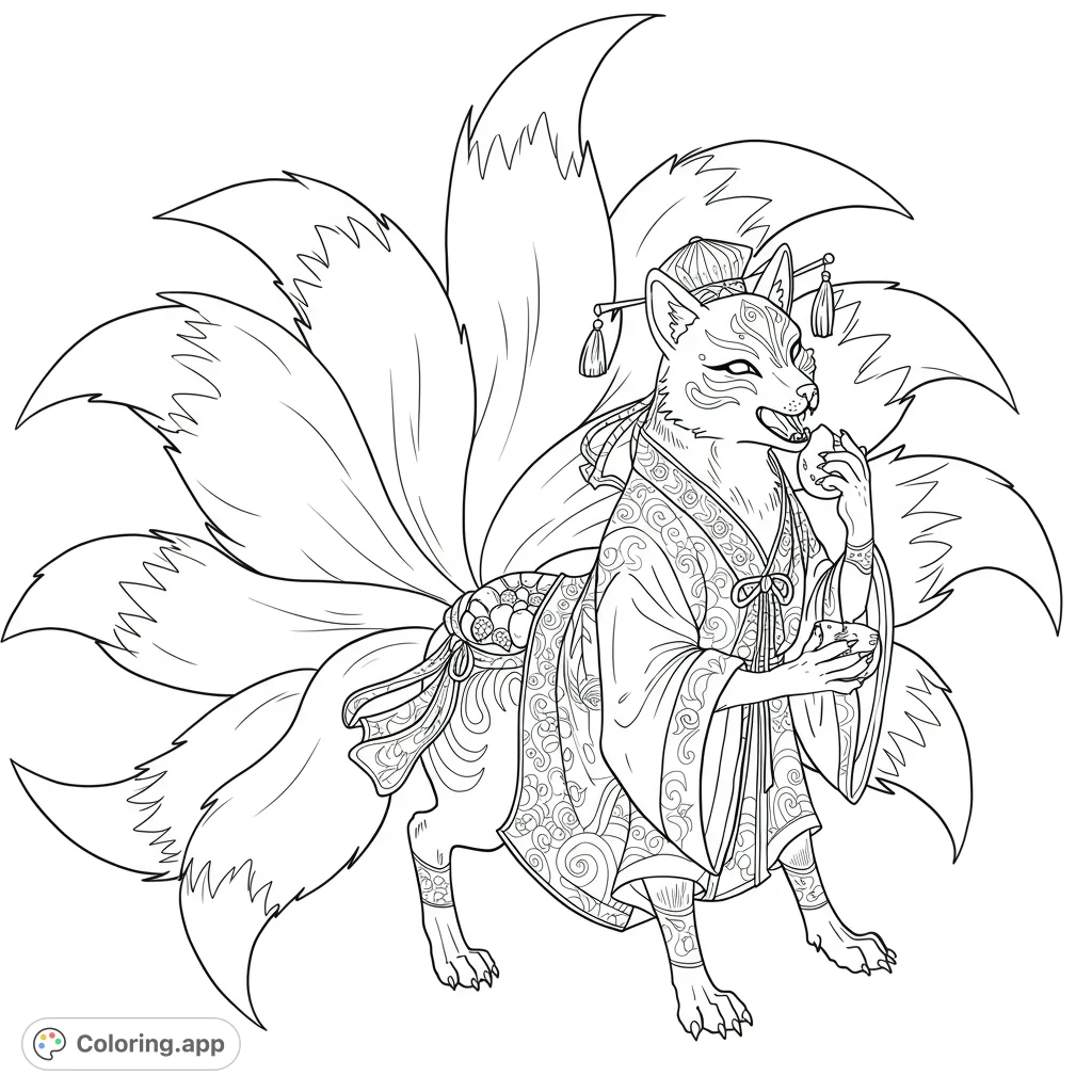 Discover a majestic nine-tailed Kitsune in a detailed kimono, holding a treat and cup. A captivating Japanese folklore coloring page for all ages.