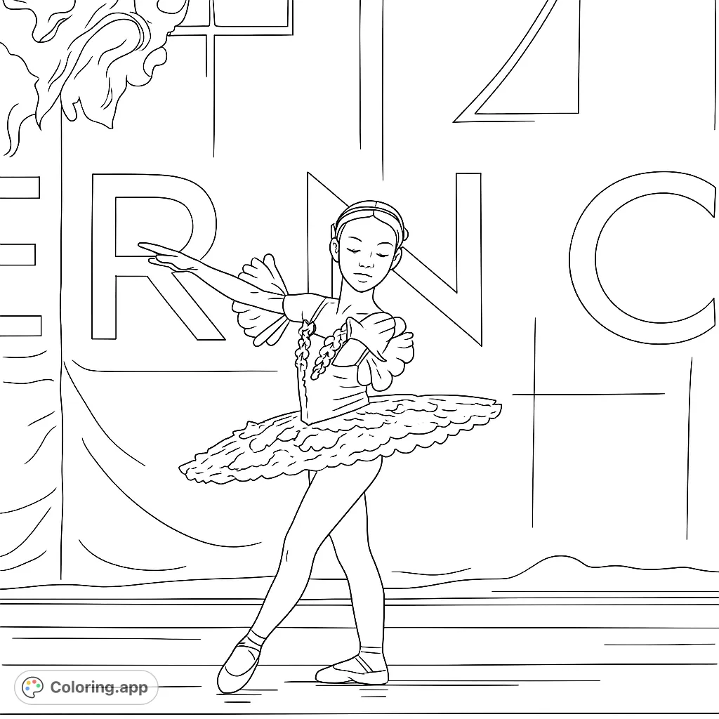 A graceful ballerina in a classic pose on stage, ready for coloring. Features a detailed tutu and a theatrical stage backdrop.